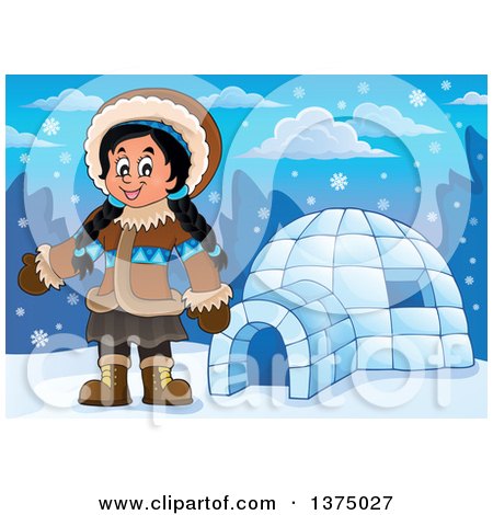Clipart of a Happy Inuit Eskimo Girl Presenting by an Igloo - Royalty Free Vector Illustration by visekart