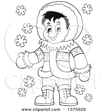 Clipart of a Black and White Happy Inuit Eskimo Boy Presenting - Royalty Free Vector Illustration by visekart