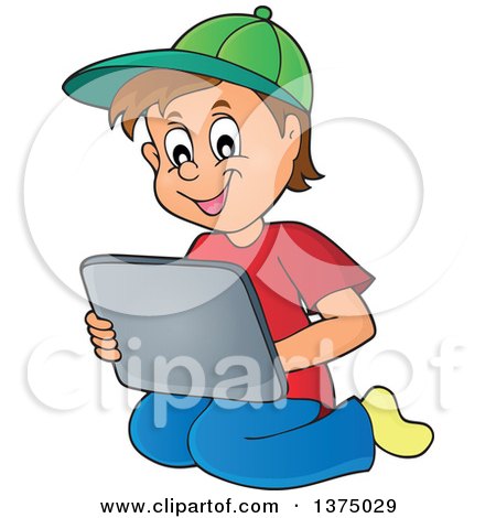 Clipart of a Happy Brunette Caucasian Boy Kneeling and Using a Laptop Computer - Royalty Free Vector Illustration by visekart