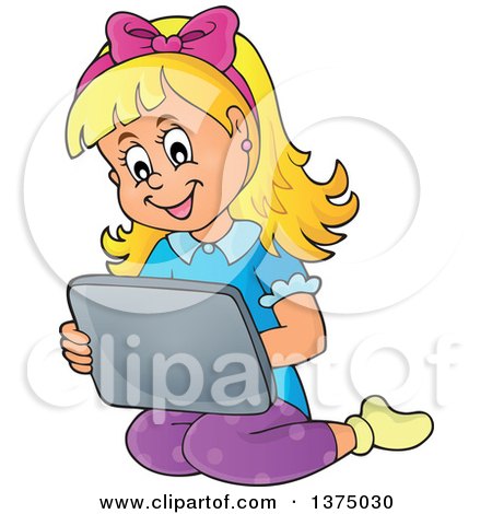 Clipart of a Happy Blond Caucasian Girl Kneeling and Using a Laptop Computer - Royalty Free Vector Illustration by visekart