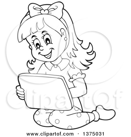 Clipart of a Black and White Happy Girl Kneeling and Using a Laptop Computer - Royalty Free Vector Illustration by visekart
