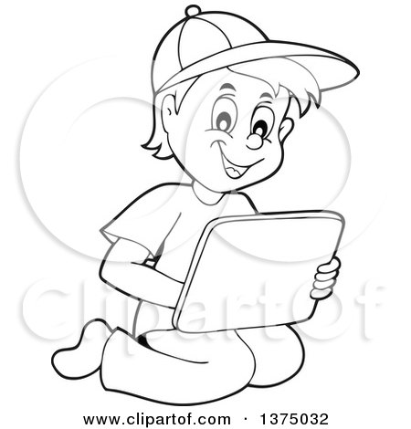 Clipart of a Black and White Boy Kneeling and Using a Laptop Computer - Royalty Free Vector Illustration by visekart