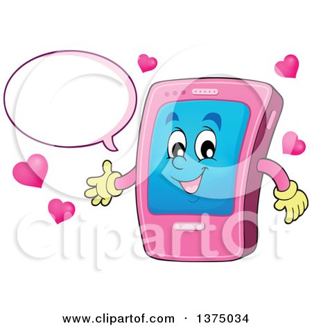 Clipart of a Cartoon Happy Pink Smart Phone Character Talking and Presenting - Royalty Free Vector Illustration by visekart