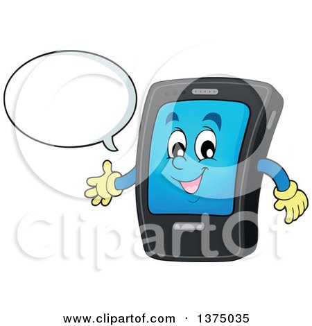 Clipart of a Cartoon Happy Black Smart Phone Character Talking and Presenting - Royalty Free Vector Illustration by visekart