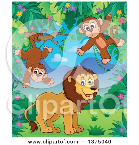 Clipart of a Lion and Monkeys in the Jungle - Royalty Free Vector Illustration by visekart