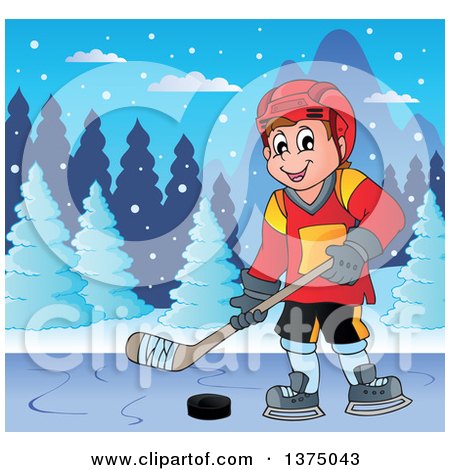 Clipart of a Happy Caucasian Male Ice Hockey Player Playing on a Frozen Lake - Royalty Free Vector Illustration by visekart