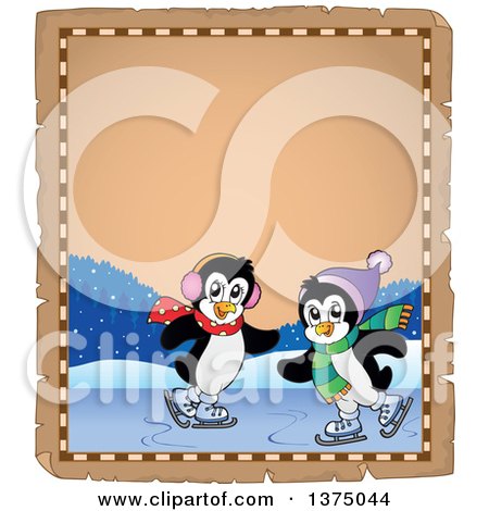 Clipart of Penguins Ice Skating on a Parchment Page Border - Royalty Free Vector Illustration by visekart