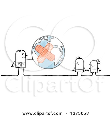 Clipart of a Stick Business Man Holding a Bandaged Planet Earth out to Children - Royalty Free Vector Illustration by NL shop