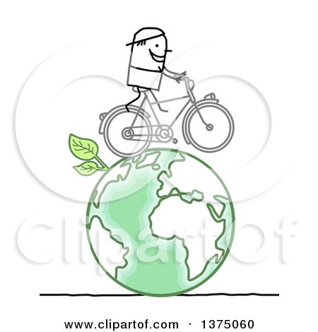Clipart of a Stick Man Riding a Bicycle on a Green Planet Earth - Royalty Free Vector Illustration by NL shop