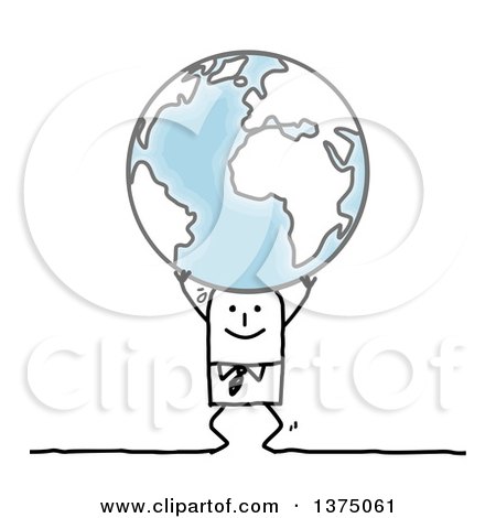 Clipart of a Stick Atlas Business Man Struggling to Holding up Planet Earth - Royalty Free Vector Illustration by NL shop