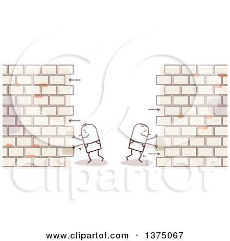 Clipart of Stick Men Pushing Sides of a Brick Wall Apart - Royalty Free Vector Illustration by NL shop