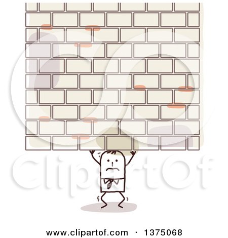 Clipart of a Stick Businessman Struggling Under a Brick Wall - Royalty Free Vector Illustration by NL shop