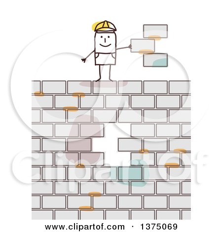 Clipart of a Stick Contractor Man Holding Bricks Misplaced from a Wall - Royalty Free Vector Illustration by NL shop