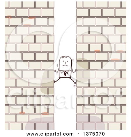 Clipart of a Stick Business Man Stuck Between Two Brick Walls - Royalty Free Vector Illustration by NL shop