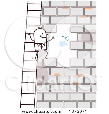 Clipart of a Stick Business Man Climbing a Ladder and Looking Through an Opening in a Brick Wall - Royalty Free Vector Illustration by NL shop