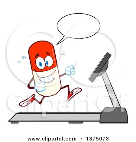 Clipart of a Happy Pill Mascot Talking and Running on a Treadmill - Royalty Free Vector Illustration by Hit Toon