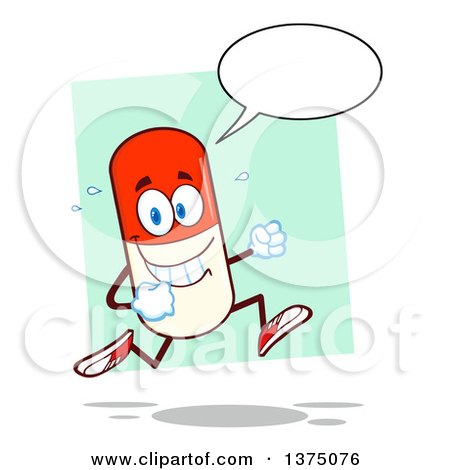 Clipart of a Happy Pill Mascot Talking and Running over a Green Square - Royalty Free Vector Illustration by Hit Toon