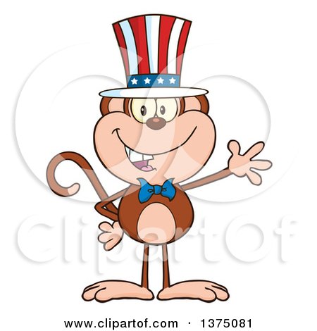 Clipart of a Happy Patriotic Monkey Wearing an American Top Hat and Waving - Royalty Free Vector Illustration by Hit Toon