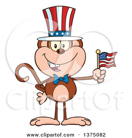 Clipart of a Happy Patriotic Monkey Wearing a Top Hat and Holding an American Flag - Royalty Free Vector Illustration by Hit Toon
