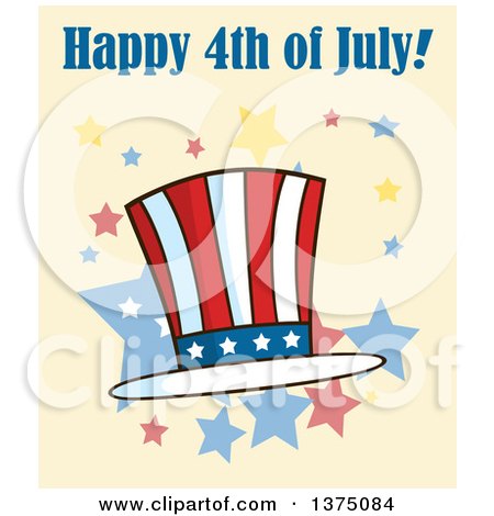 Clipart of a Patriotic American Top Hat with Happy 4th of July Text on Yellow - Royalty Free Vector Illustration by Hit Toon