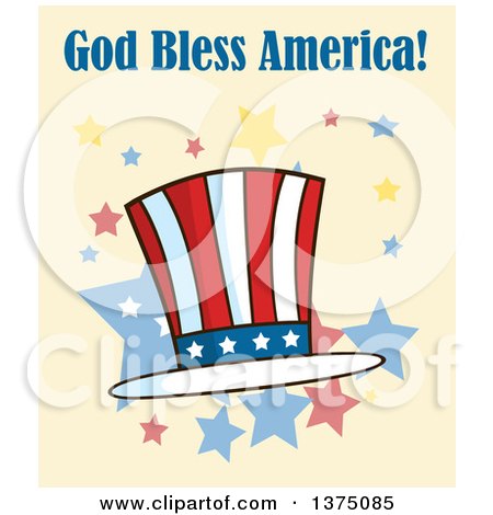 Clipart of a Patriotic American Top Hat with God Bless America Text on Yellow - Royalty Free Vector Illustration by Hit Toon