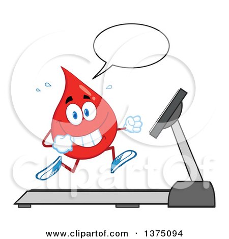 Clipart of a Happy Blood or Hot Water Drop Talking and Running on a Treadmill - Royalty Free Vector Illustration by Hit Toon