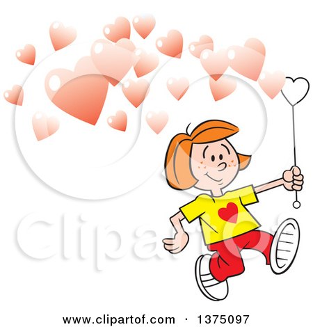 Cartoon Clipart of a Red Haired Caucasian Girl Running and Making Valentine Heart Bubbles - Royalty Free Vector Illustration by Johnny Sajem