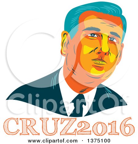 Clipart of a Retro Wpa Styled Portrait of Ted Cruz, Replubican Presidential Candidate, over Text - Royalty Free Vector Illustration by patrimonio