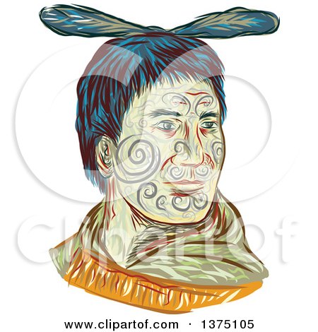 Clipart of a Sketched Portrait of a Maori Chief Warrior Chieftain Head with Tattoos on His Face - Royalty Free Vector Illustration by patrimonio