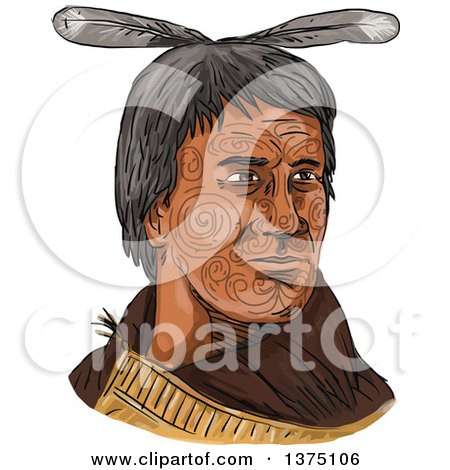 Clipart of a Watercolor Portrait of a Maori Chief with Tribal Tattoos on His Face - Royalty Free Vector Illustration by patrimonio