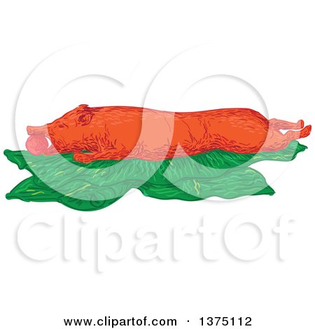 Clipart of a Sketched Lechon Roasted Pig on Banana Leaves - Royalty Free Vector Illustration by patrimonio