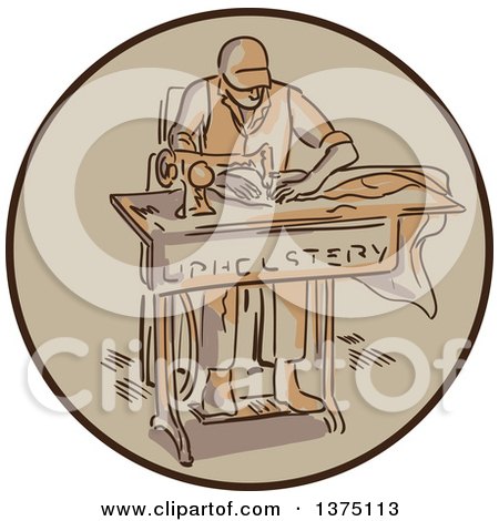 Clipart of a Sketched Tailor Machinist Upholsterer Using a Sewing Machine Inside a Circle - Royalty Free Vector Illustration by patrimonio
