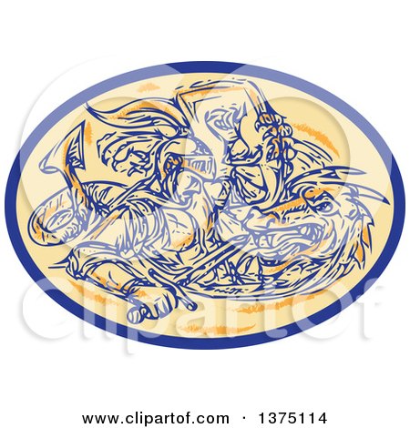 Clipart of a Sketched Scene of St George Fighting a Dragon in an Oval - Royalty Free Vector Illustration by patrimonio