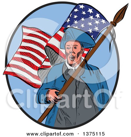 Clipart of a Sketched American Patriot Carrying a Flag Inside an Oval - Royalty Free Vector Illustration by patrimonio