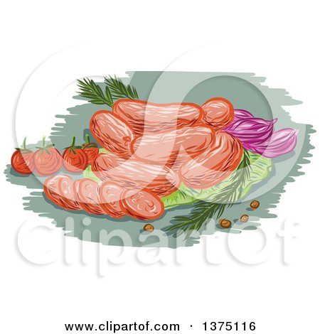 Clipart of a Sketch of Sausages, Vegetables and Herbs - Royalty Free Vector Illustration by patrimonio