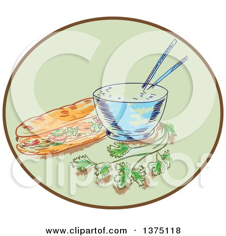 Clipart of a Sketch of a Bahn Mi Vietnamese Sandwich with Meat and Bowl of Rice and Chopsticks and Coriander Inside a Green and Brown Oval - Royalty Free Vector Illustration by patrimonio