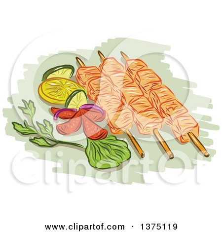 Clipart of a Sketch of Chicken Kebabs with Vegetables on Green - Royalty Free Vector Illustration by patrimonio