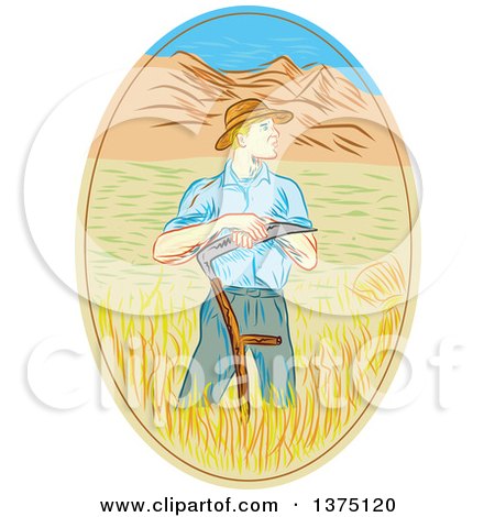 Clipart of a Sketched White Male Wheat Farmer Leaning on a Scythe in a Field Within an Oval - Royalty Free Vector Illustration by patrimonio