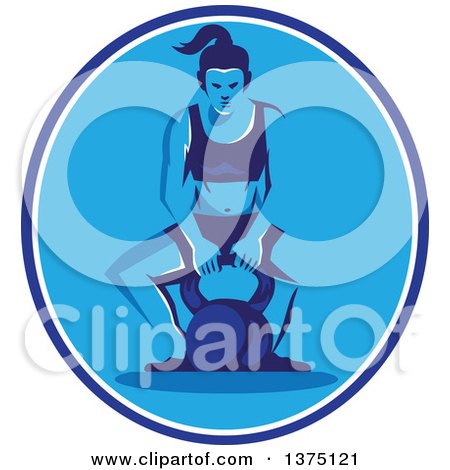 Clipart of a Retro Woman Crouching to Lift a Kettlebell in a Blue and White Oval - Royalty Free Vector Illustration by patrimonio