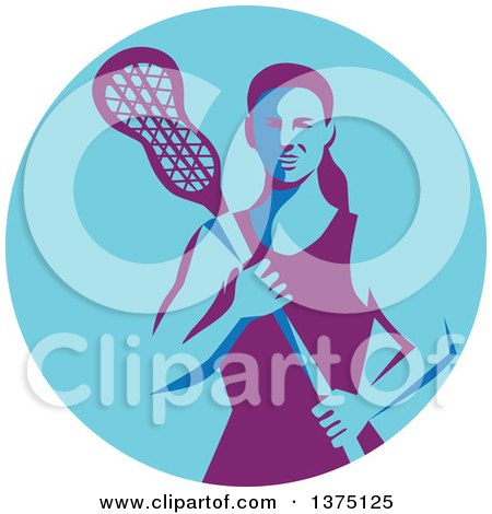 Clipart of a Retro Female Lacrosse Player Holding a Stick in a Purple and Blue Circle - Royalty Free Vector Illustration by patrimonio