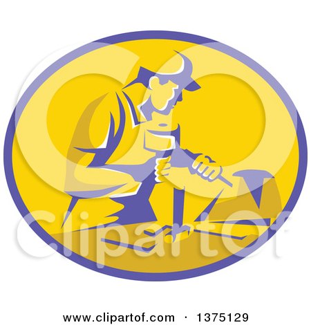Clipart of a Retro Stonemason Worker Using a Mallet and Chisel to Carve Marble in a Purple and Yellow Oval - Royalty Free Vector Illustration by patrimonio