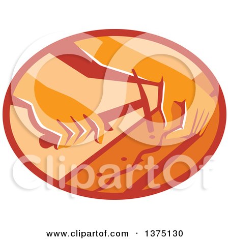 Clipart of Retro Hands of a Furniture Upholsterer Using a Hammer in an Oval - Royalty Free Vector Illustration by patrimonio