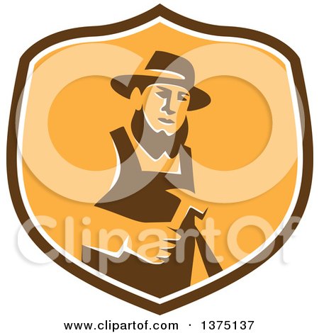 Clipart of a Retro Amish Carpenter Man Holding a Hammer in a Brown White and Orange Shield - Royalty Free Vector Illustration by patrimonio