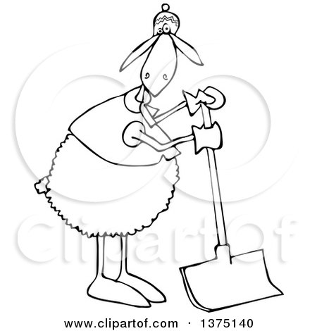 Cartoon Clipart of a Black and White Sheep Wearing Winter Apparel, Standing and Using a Snow Shovel - Royalty Free Vector Illustration by djart