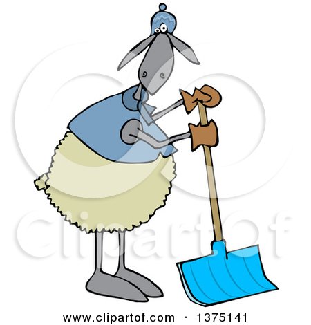 Cartoon Clipart of a Sheep Wearing Winter Apparel, Standing and Using a Snow Shovel - Royalty Free Vector Illustration by djart