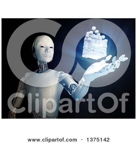 Clipart of a 3d Android Robot with a Floating and Glowing Block of Cubes - Royalty Free Illustration by Mopic