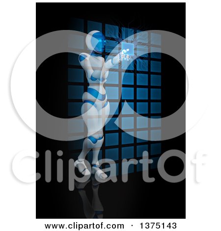 Clipart of a 3d Humanoid Female Robot Using an Interface, on Black - Royalty Free Illustration by Mopic