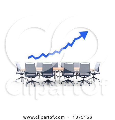 Clipart of a 3d Blue Arrow over a Converence Table, on a White Background - Royalty Free Illustration by Mopic