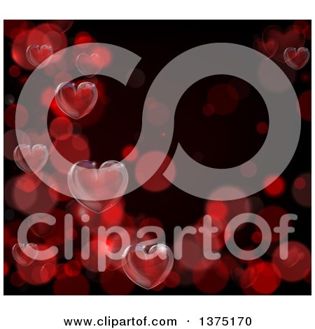 Clipart of a Valentines Day Background with 3d Red Hearts over Black with Bokeh Flares - Royalty Free Vector Illustration by AtStockIllustration