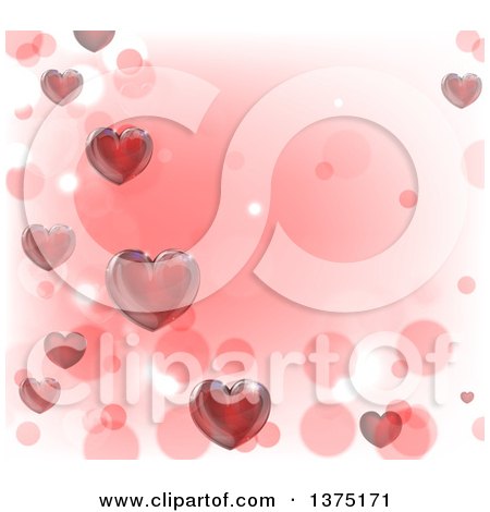 Clipart of a Valentines Day Background with 3d Red Hearts over Pink and White with Bokeh Flares - Royalty Free Vector Illustration by AtStockIllustration